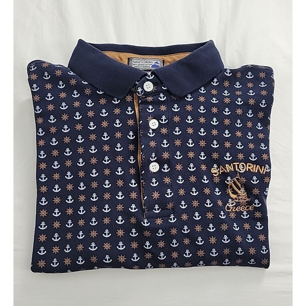 SANTORINI Greece Men's Blue  Polo Shirt Size XL Helm & Anchor All over - Picture 8 of 8
